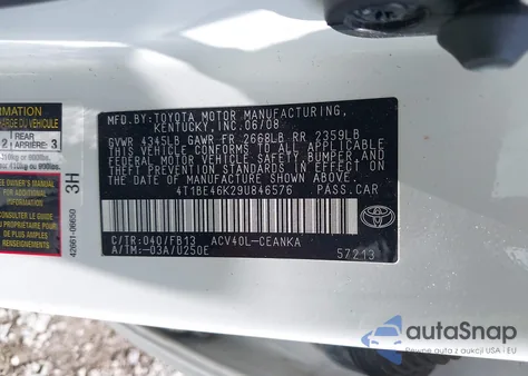 2009 Toyota Camry Le z USA, uszkodzony, nr VIN 4T1BE46K29U846576